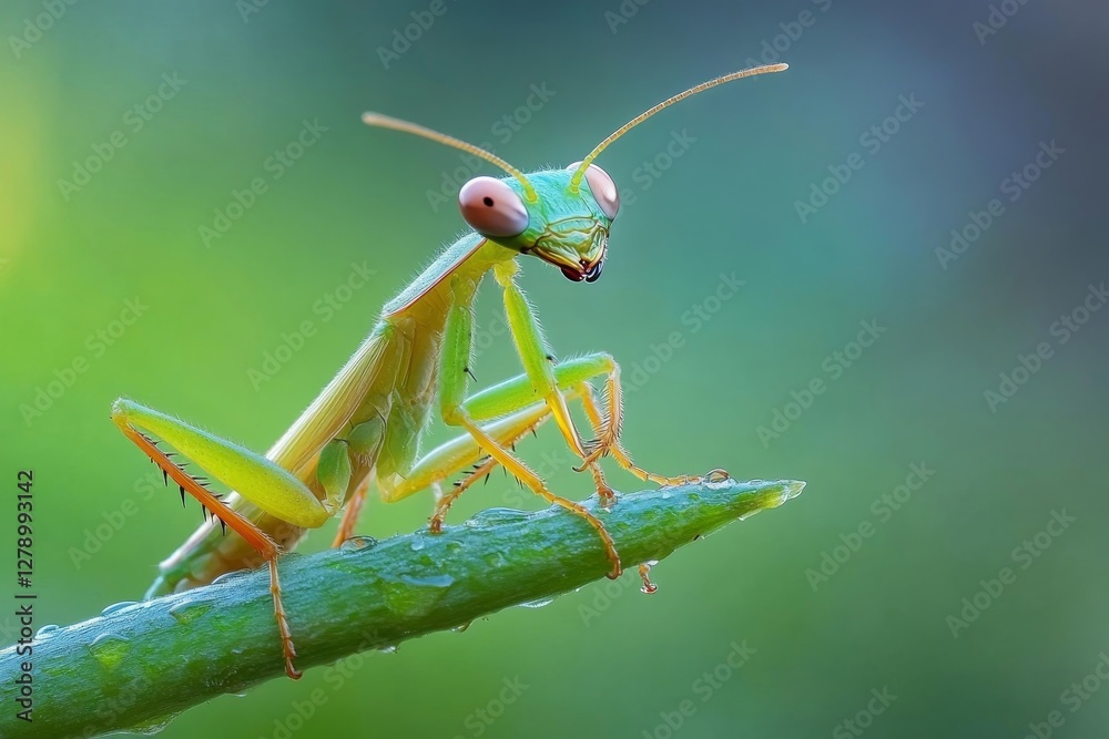 Vibrant Green Praying Mantis on Dew-Covered Stem Vibrant Green Praying Mantis on Dew-Covered Stem