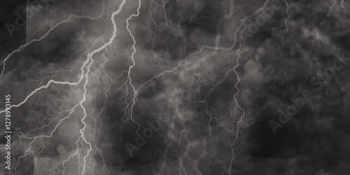 Thunder, lightnings and rain on a stormy summer night in black and white. Lightning bolts in the sky at night. 

