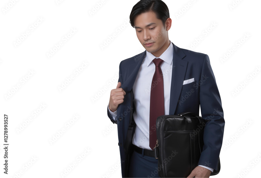 Empowering Leadership: Businessman Manager in a Portrait Concept. Young professional in a suit holding a briefcase, isolated on transparent background Empowering Leadership: Businessman Manager in a Portrait Concept. Young professional in a suit holding a briefcase, isolated on transparent background