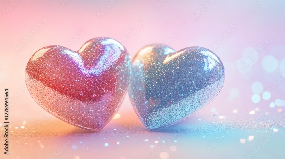 Fototapeta premium Two Glittery Hearts Pastel Pink and Blue Romantic Background
