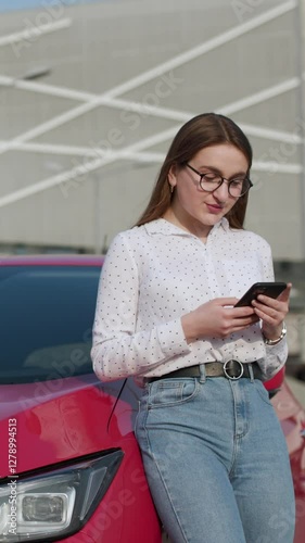 Vertical Format Video of Girl stands with phone near her electric car and waits when vehicle will charged. Connecting the Charger Plug of an Electric Car photo