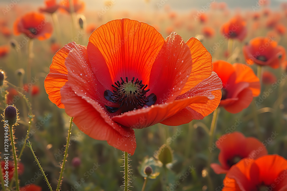 Obraz premium A beautiful field of red poppies with a single red flower in the foreground. Concept of tranquility and calmness, as the vibrant red flowers stand out against the lush green grass