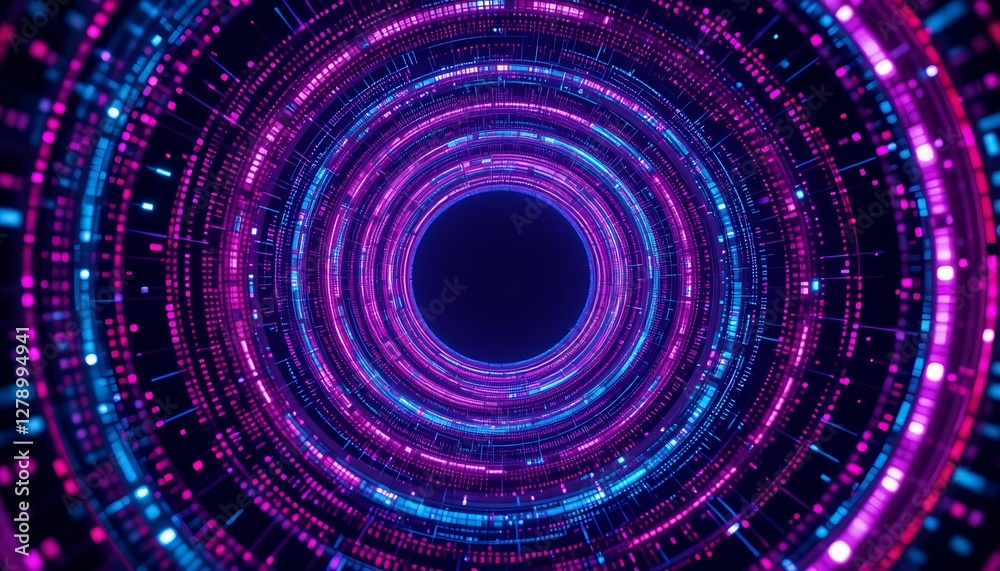 Fototapeta premium Abstract background with pulsating rings of glowing data points and dynamic depth for immersive AR/VR branding and AI concepts