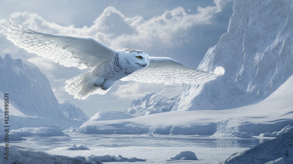 Fototapeta premium Snowy Owl in Flight Over Arctic Mountains