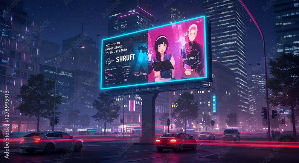 Obraz premium City Billboard Displaying Anime Characters at Night with Cars Passing