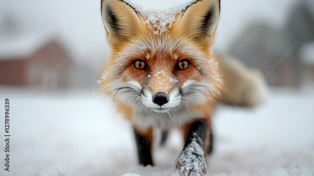 Obraz premium Wildlife Winter Survival Concept, Close-Up of a Frost-Covered Fox Stepping Through Snowy Terrain in a Winter Landscape