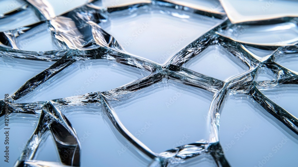 A close-up of a broken clear glass surface with deep cracks and tiny splinters reflecting light. A close-up of a broken clear glass surface with deep cracks and tiny splinters reflecting light.
