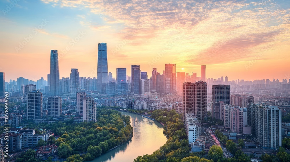 Obraz premium City skyscrapers with modern architecture in China's urban setting create an impressive skyline.