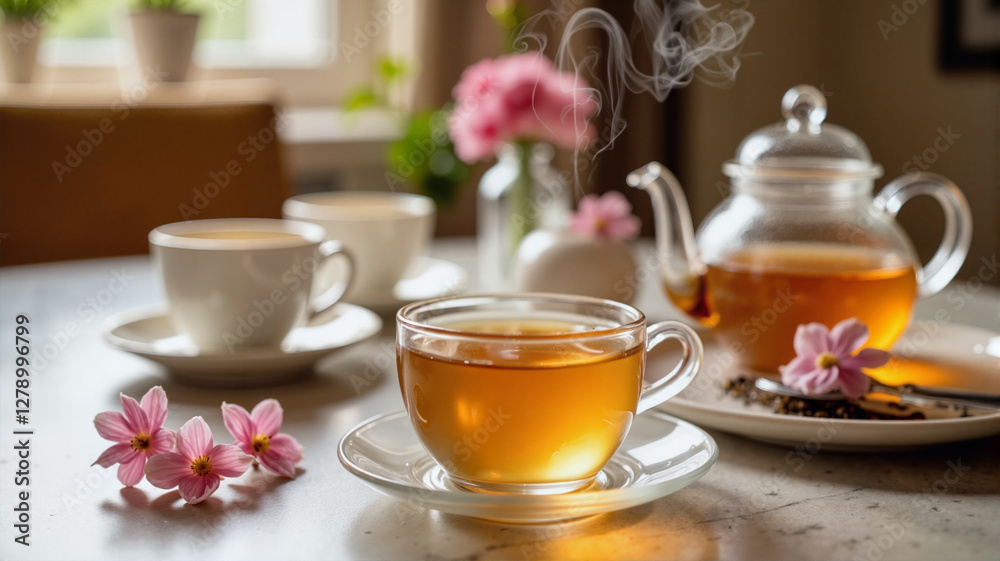 Golden tea steaming in elegant setting with flowers, afternoon delight Golden tea steaming in elegant setting with flowers, afternoon delight