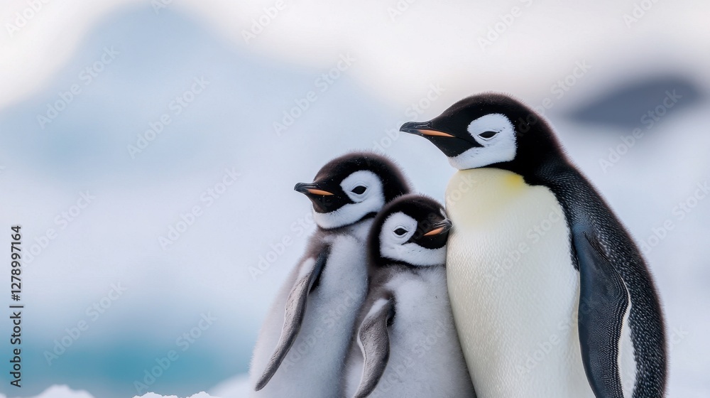 Fototapeta premium Wildlife Winter Survival Concept, Family of Penguins Huddled Together on Icy Terrain in a Natural Habitat with Soft Focus Background