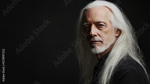 Portrait Of A Wise Old Man With Long White Hair On A Dark Background, Looking At The Camera.