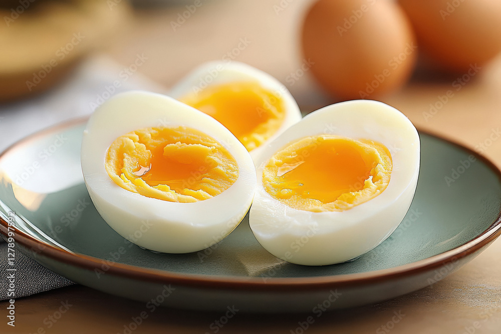 cooked eggs, cut in half and placed on the plate cooked eggs, cut in half and placed on the plate