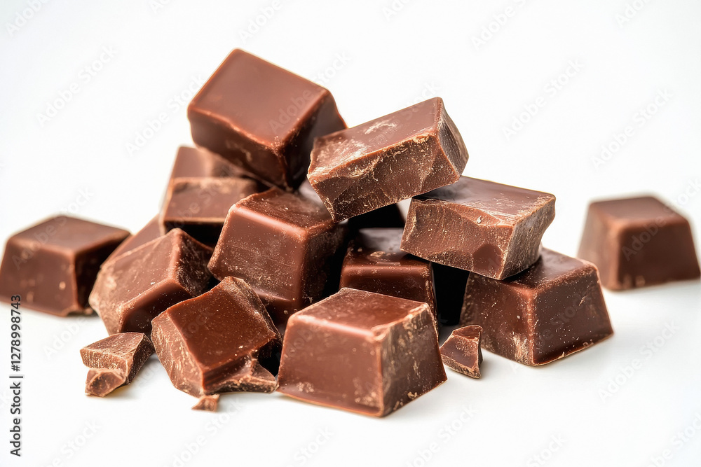 chocolate pieces, a pile of chocolate cubes isolated on a white background