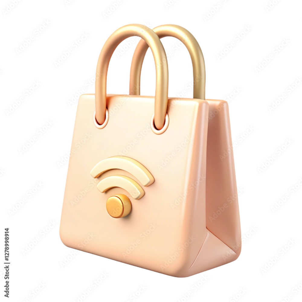 A stylized shopping bag featuring a Wi-Fi symbol, designed in soft peach tones with golden accents. A stylized shopping bag featuring a Wi-Fi symbol, designed in soft peach tones with golden accents.