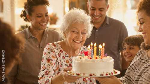 A joyful elderly woman celebrates her birthday surrounded by family, smiling as she receives a cake with lit candles.