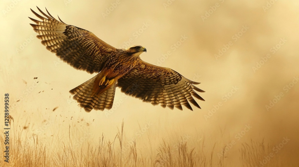 Fototapeta premium Brown Hawk in Flight Over Sandy Desert Landscape