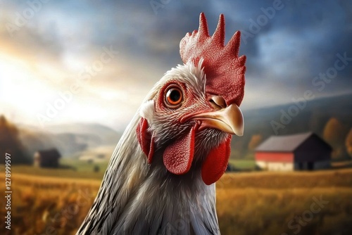 Detailed view of a chicken with agricultural scenery.
