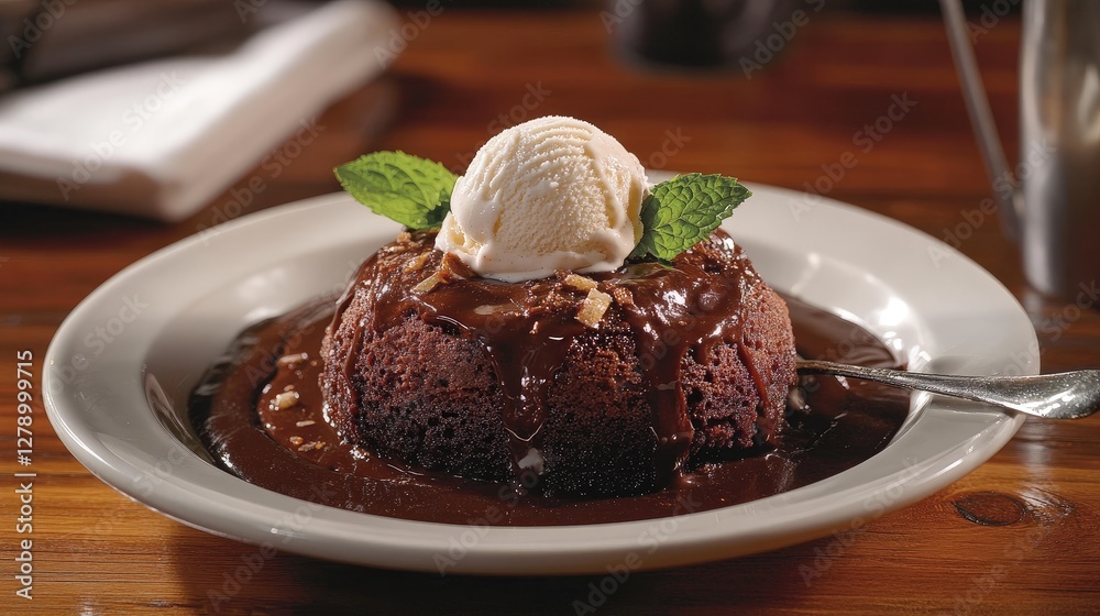 A decadent chocolate lava cake served with a scoop of vanilla ice cream and fresh mint A decadent chocolate lava cake served with a scoop of vanilla ice cream and fresh mint