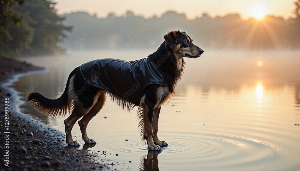 Dapper dog wearing a raincoat standing by the lake at sunrise