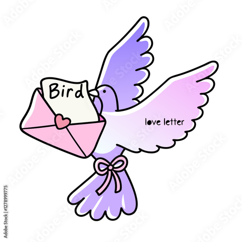 cute bird carrying love letter with pink envelope and bow