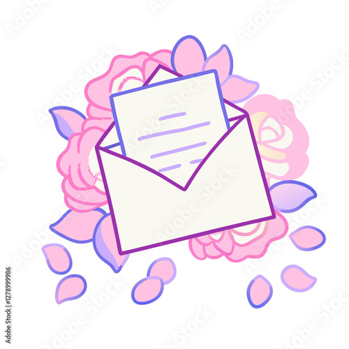 decorative envelope surrounded by pink flowers and petals, conveying sense of romance and