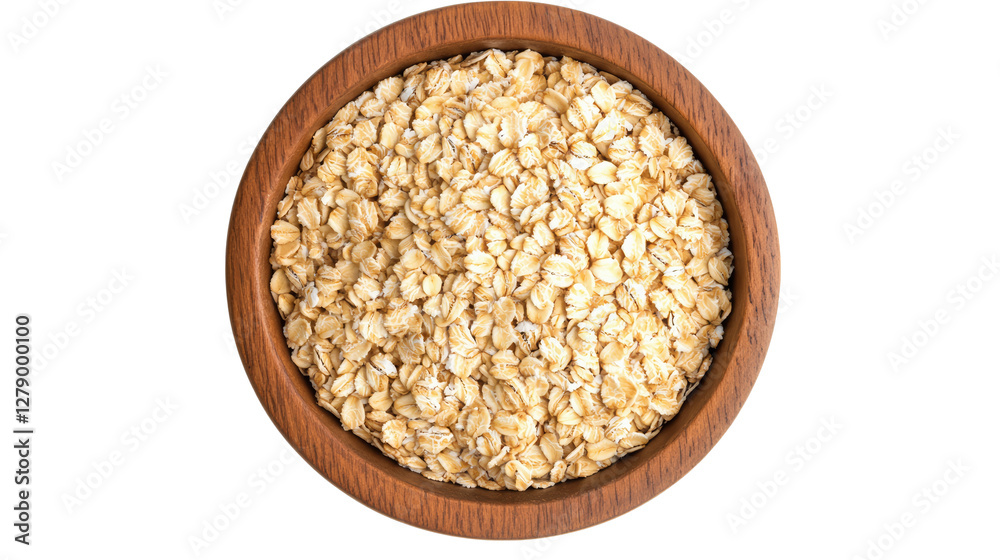 A top-down view of a wooden bowl filled with raw rolled oats, perfect for healthy breakfast, nutrition, organic food, and diet concepts. A top-down view of a wooden bowl filled with raw rolled oats, perfect for healthy breakfast, nutrition, organic food, and diet concepts.
