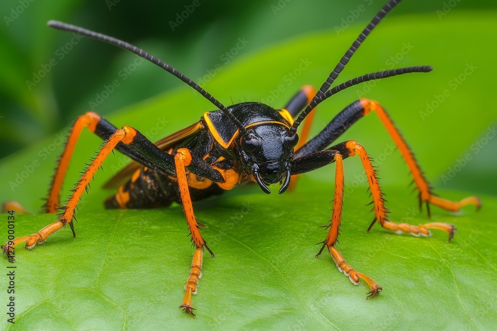 Macro Photography of a Striking Black and Orange Insect on a Green Leaf Macro Photography of a Striking Black and Orange Insect on a Green Leaf