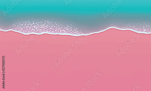 Pink sand beach, turquoise piece of sea or ocean, top view. Ocean waves break on tropical sand beach. Summer holiday background design template for web graphic, banner, card, brochure, leaflet. 