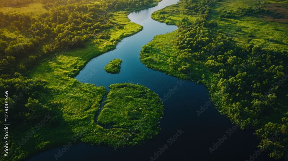 Aerial view showcasing a winding river flowing through a vibrant, lush green forest, highlighting the beauty of nature and the serenity of the landscape. Aerial view showcasing a winding river flowing through a vibrant, lush green forest, highlighting the beauty of nature and the serenity of the landscape.