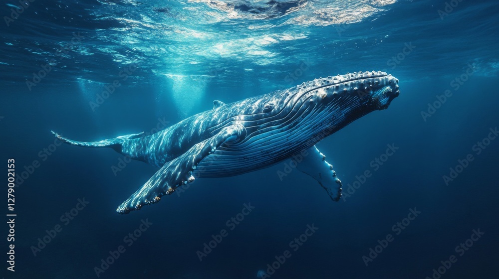 Fototapeta premium Pixelated Humpback Whale Swimming Underwater in a Deep Blue Ocean
