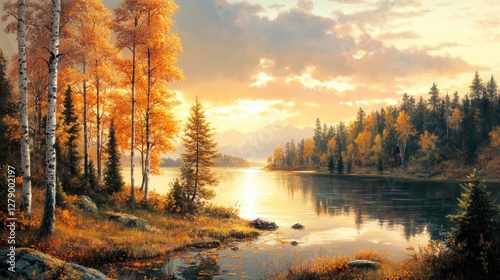 Autumnal Lake Sunset Serene Landscape Painting