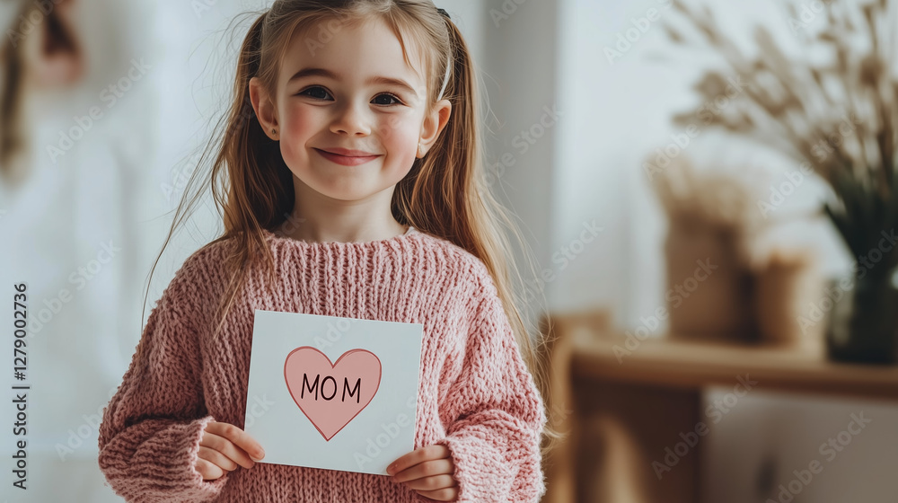 A Child's Love Note: A cute little girl beams with joy, holding up a handmade card for her mother. conveying the depth of a child's unconditional love.