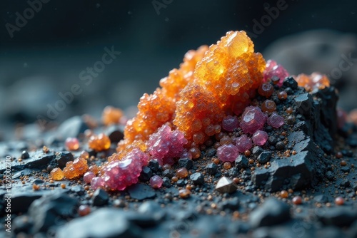 Blende and galena minerals on a rocky surface with gray background, landscape, nature