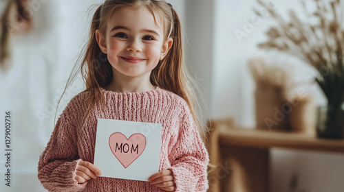 Obraz na płótnie A Child's Love Note: A cute little girl beams with joy, holding up a handmade card for her mother. conveying the depth of a child's unconditional love. w salonie