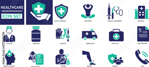 Healthcare icon set Health Services, Wellness, Medical Equipment, Hospital, Doctor, Nurse, Medicine, Surgery, Ambulance, Emergency, icons.
