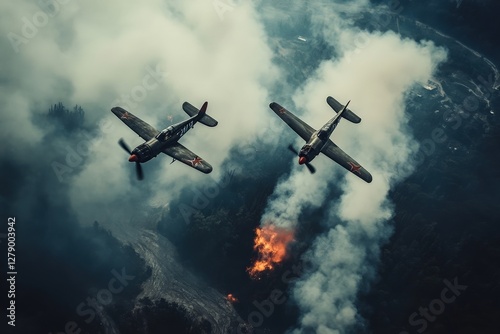A dramatic aerial dogfight between fighter planes above a smoky battlefield photo