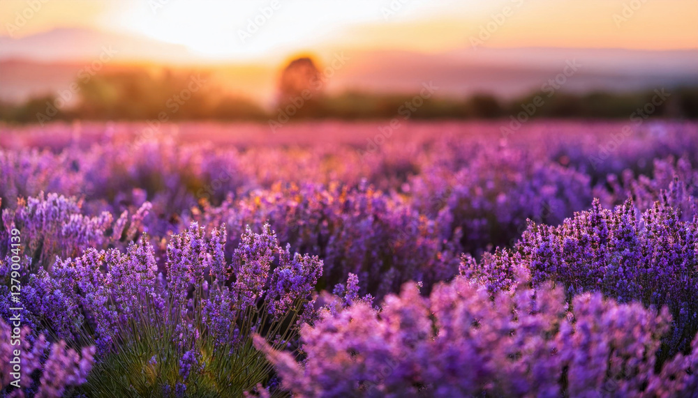 Obraz premium Lavender field at sunset in Provence, France showcasing vibrant purple hues and serene atmosphere