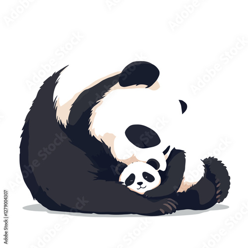 Mother giant panda cuddling her baby cub