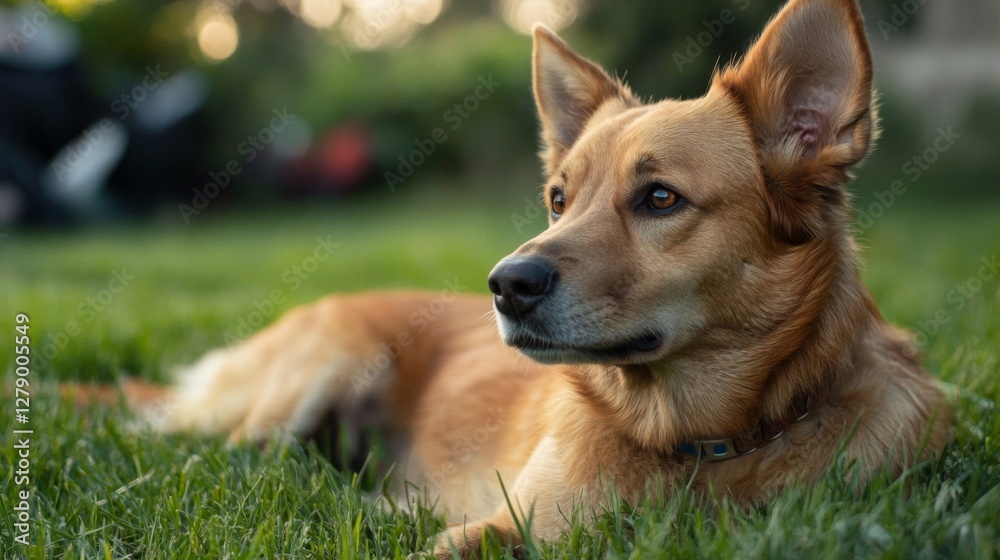 Brown Dog Lying on Green Grass in Sunlight Brown Dog Lying on Green Grass in Sunlight