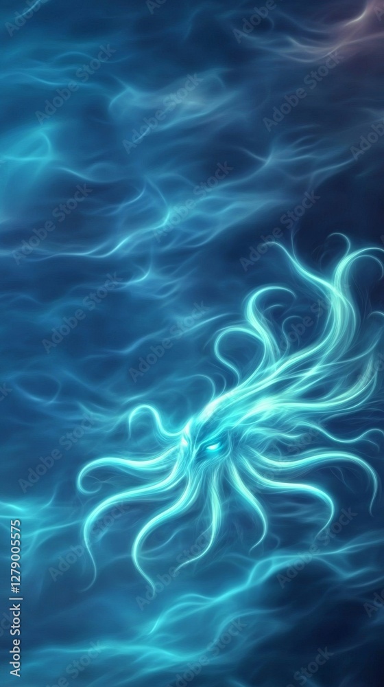 Fototapeta premium A mysterious, glowing creature swims through deep blue waters, surrounded by ethereal swirls of light, creating an enchanting underwater scene.