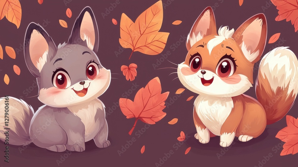 Fototapeta premium Cute Cartoon Animals with Colorful Leaves in Autumn Background