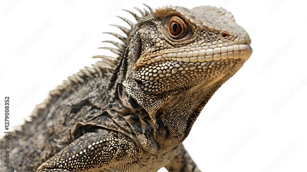 Fototapeta premium close-up of a frilled-neck lizard with intricate scales and spiky crest on white, transparent background