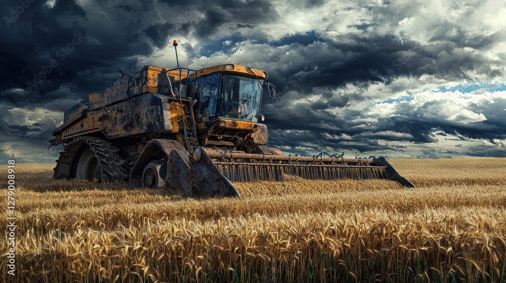 Fototapeta premium Stormy Harvest: A Combine Harvester in a Wheat Field Under a Dramatic Sky