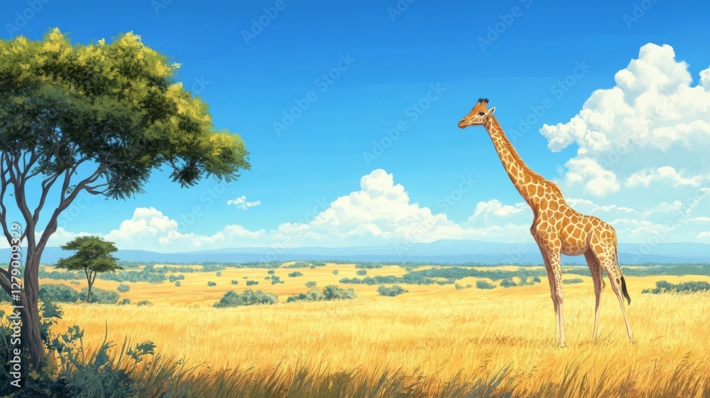 Fototapeta premium Giraffe in African Savanna Pixel Art Landscape