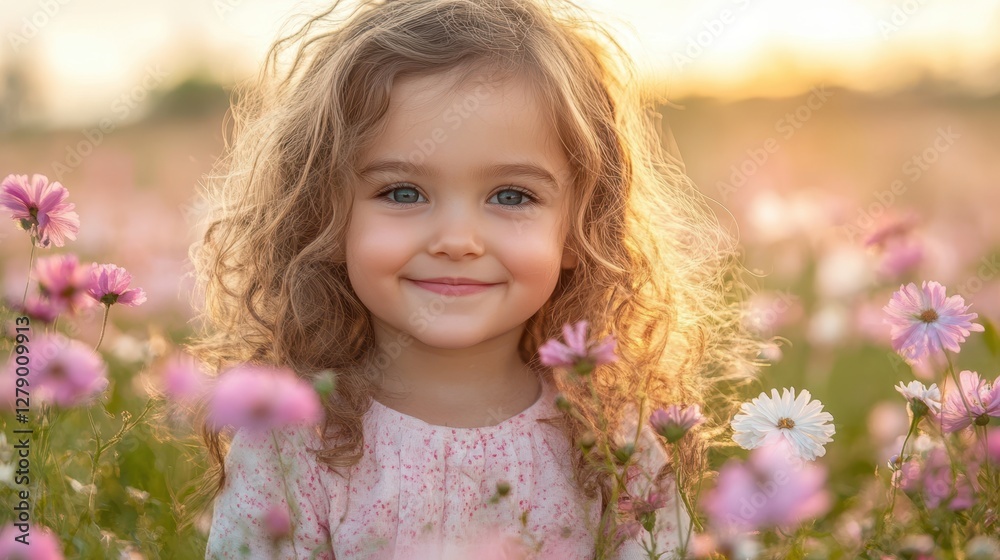 A young girl stands joyfully amidst a vibrant field filled with colorful flowers under a bright blue sky. A young girl stands joyfully amidst a vibrant field filled with colorful flowers under a bright blue sky.
