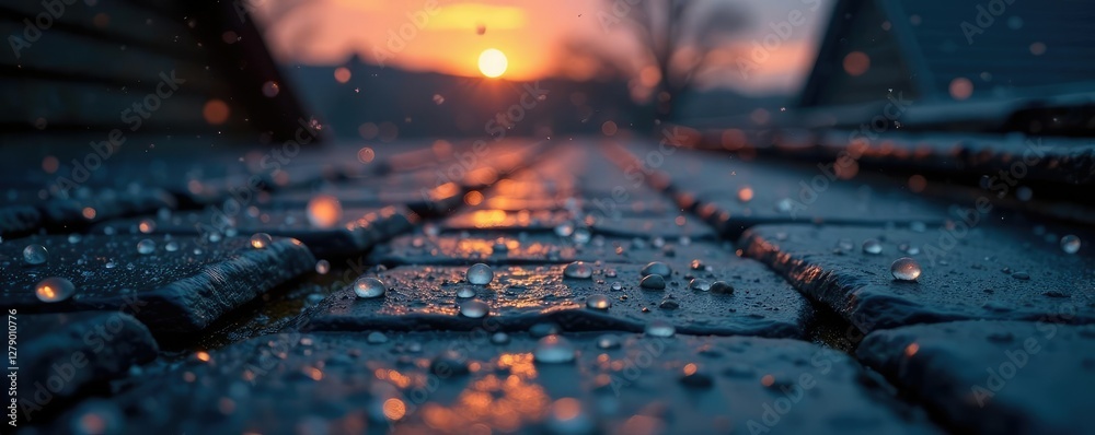 Fototapeta premium Hailstones falling on a wet slate roof at dusk, hail, rain