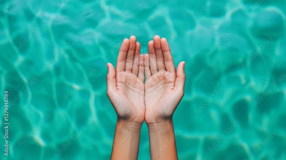Tranquil Hands Cupped Over Turquoise Pool Water: A Summertime Vacation Moment of Serenity and Relaxation Tranquil Hands Cupped Over Turquoise Pool Water: A Summertime Vacation Moment of Serenity and Relaxation
