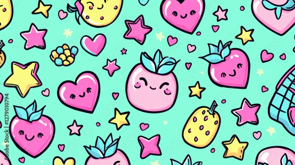 Colorful Cute Pattern of Fruits and Stars on Soft Mint Background Colorful Cute Pattern of Fruits and Stars on Soft Mint Background