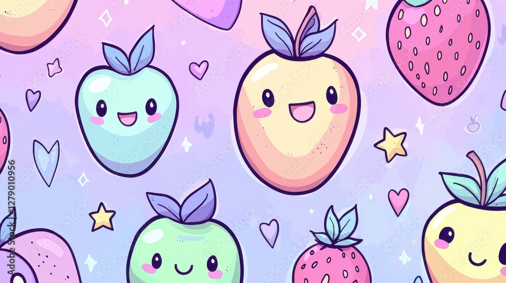 Fototapeta premium Playful Cartoon Fruits with Cute Faces and Colorful Background Pattern