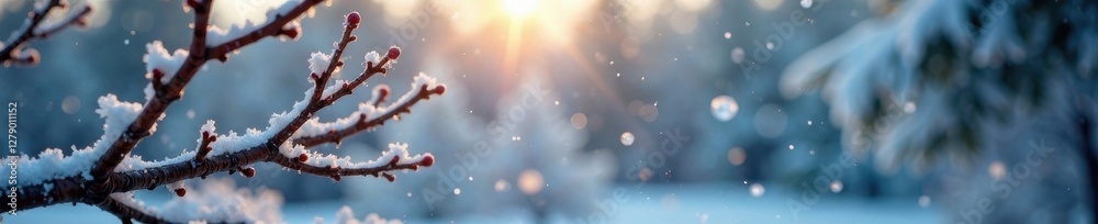 Snowflakes gently fall on a bare tree branch, illuminating the frosty landscape with soft, ethereal light , snow-covered, branches Snowflakes gently fall on a bare tree branch, illuminating the frosty landscape with soft, ethereal light , snow-covered, branches
